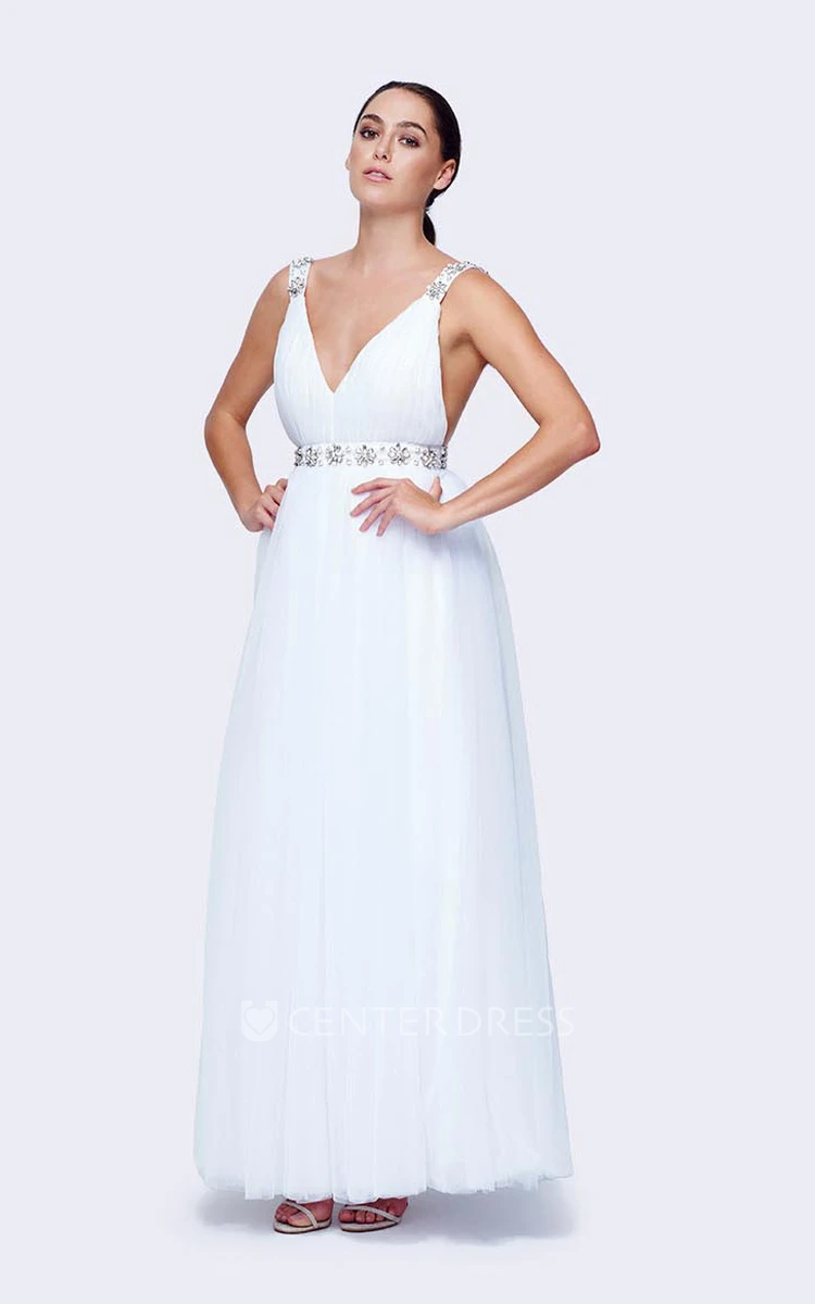 A-Line Ankle-Length V-Neck Sleeveless Tulle Wedding Dress With Waist Jewellery And Backless Design