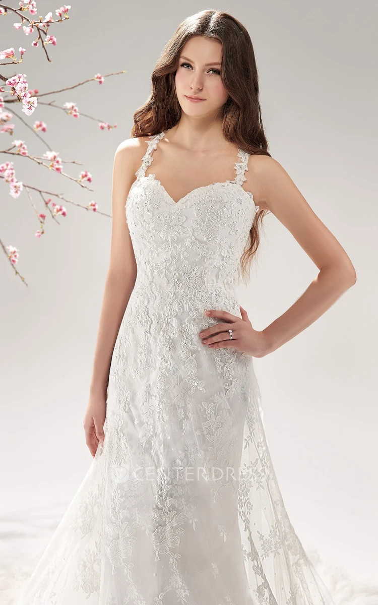 Sleeveless Long Wedding Gown with Lace Appliques and Illusion Style