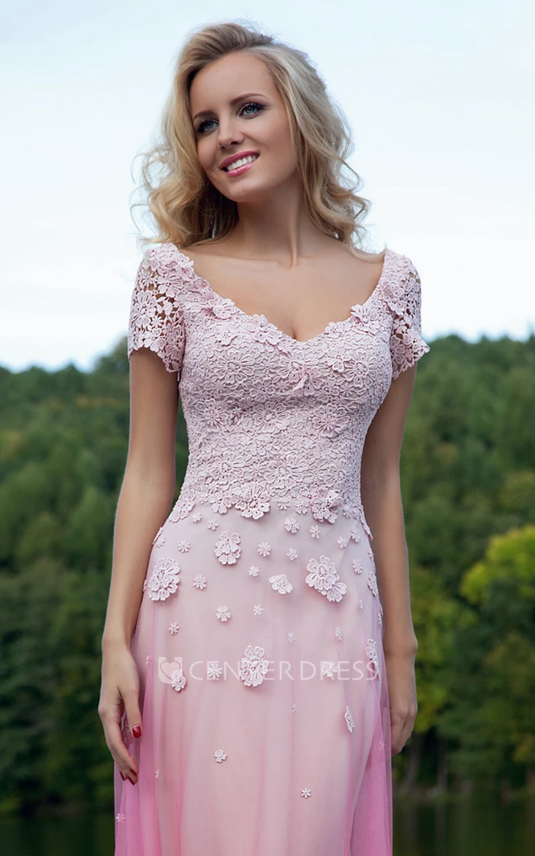 Sheath Appliqued V-Neck Short-Sleeve Maxi Prom Dress With Flower