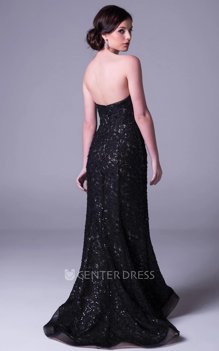 Sheath Floor-Length Strapless Sleeveless Appliqued Lace Prom Dress With Beading