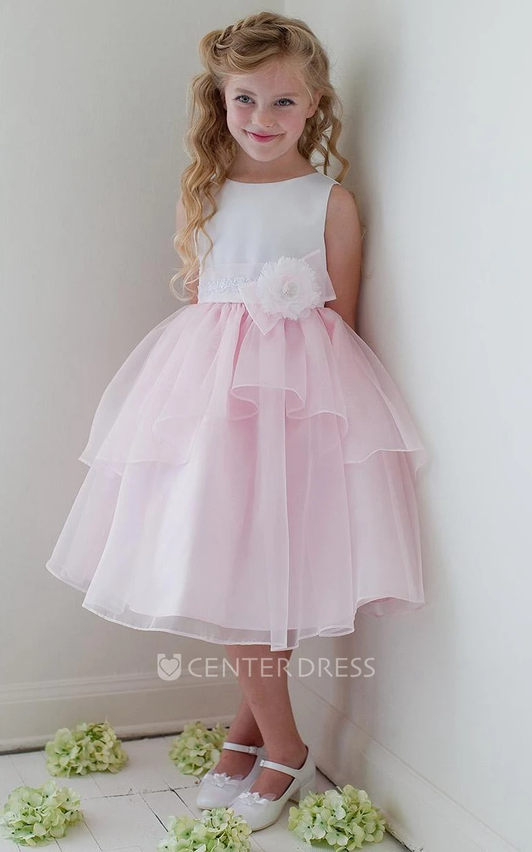 Floral Tea-Length Appliqued Bowed Lace&Organza Flower Girl Dress With Tiers