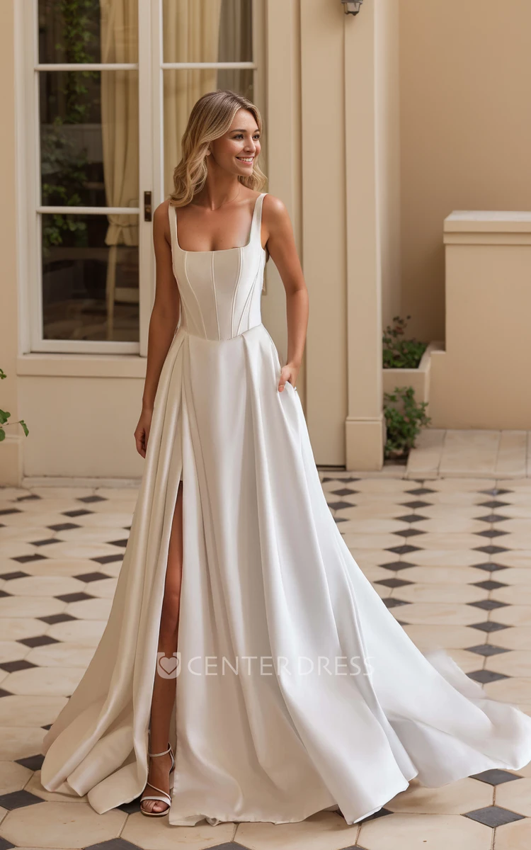 Minimalist Casual A-Line Square Neck Wedding Dress Simple Romantic Pleated Side Slit Low Back Court Train Bridal Gown