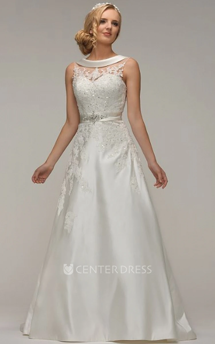 A-Line Appliqued Floor-Length Scoop-Neck Sleeveless Stretched Satin Wedding Dress With Waist Jewellery