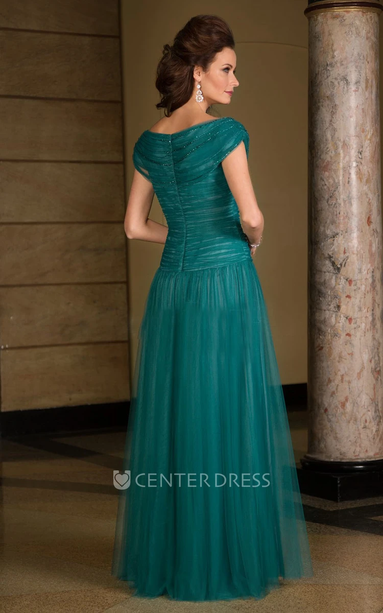 Cap-Sleeved Long Tulle Mother Of The Bride Dress With Ruches And Beadings