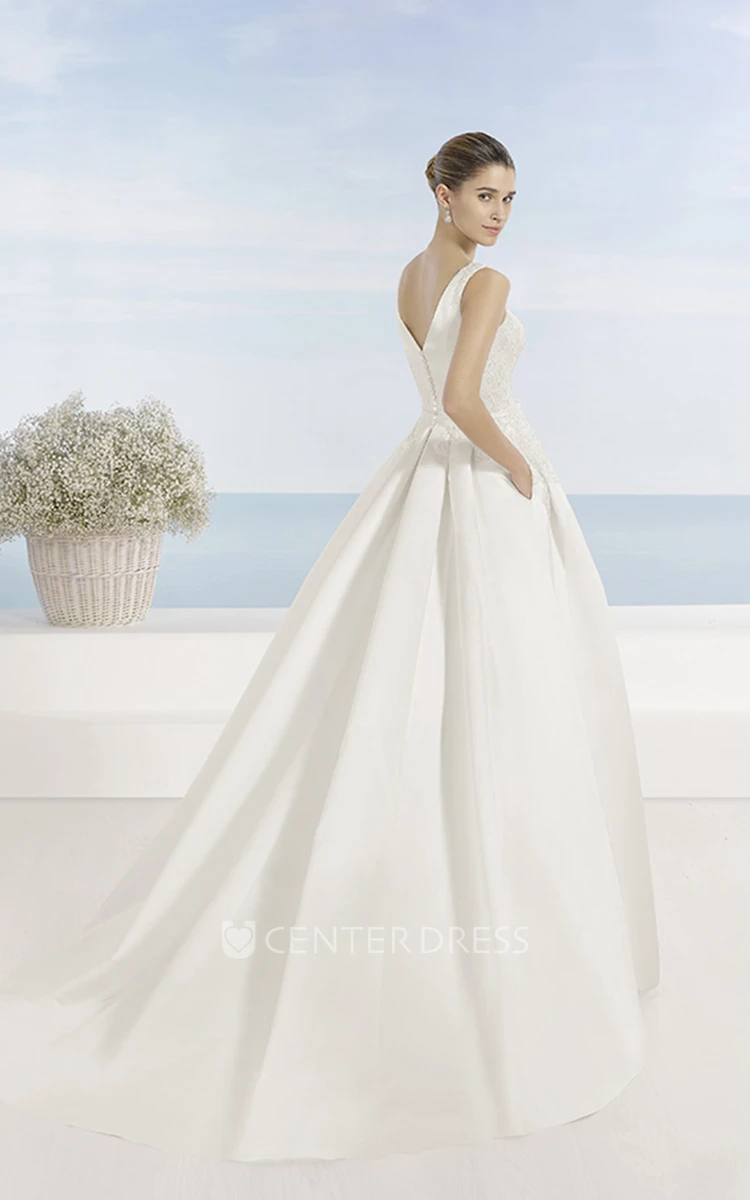 Scoop Long Appliqued Satin Wedding Dress With Sweep Train And V Back