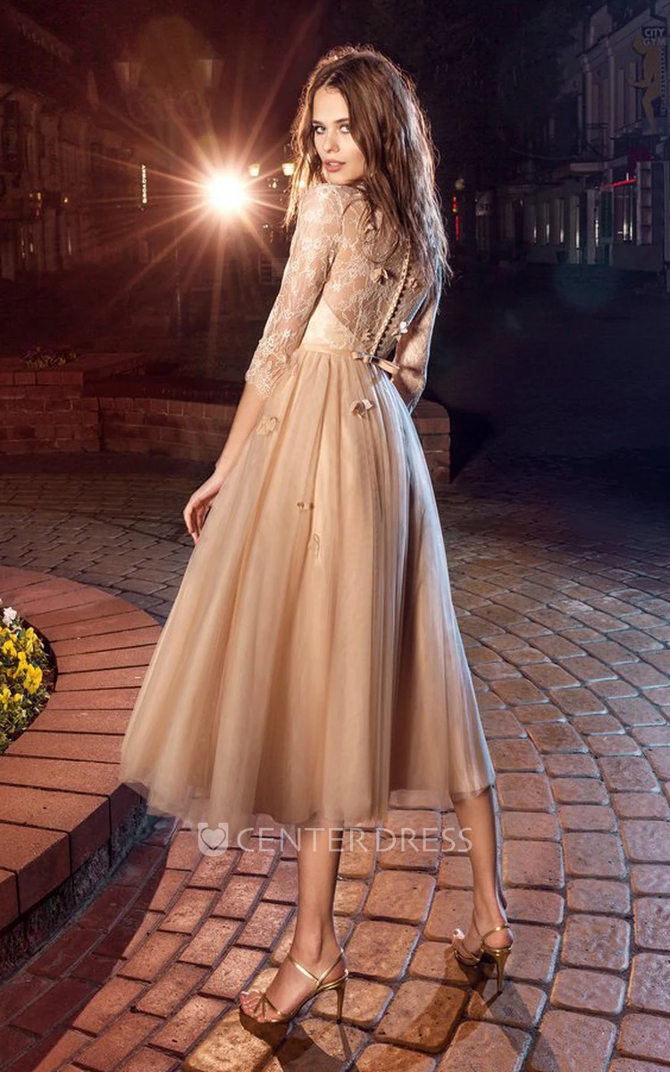 A-Line Tea-Length High Neck Half Sleeve Tulle Illusion Dress With Appliques And Flower