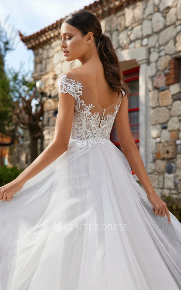 Lace A-Line Chiffon Wedding Dress with V-Neck and Cap Sleeves Elegant Bridal Gown