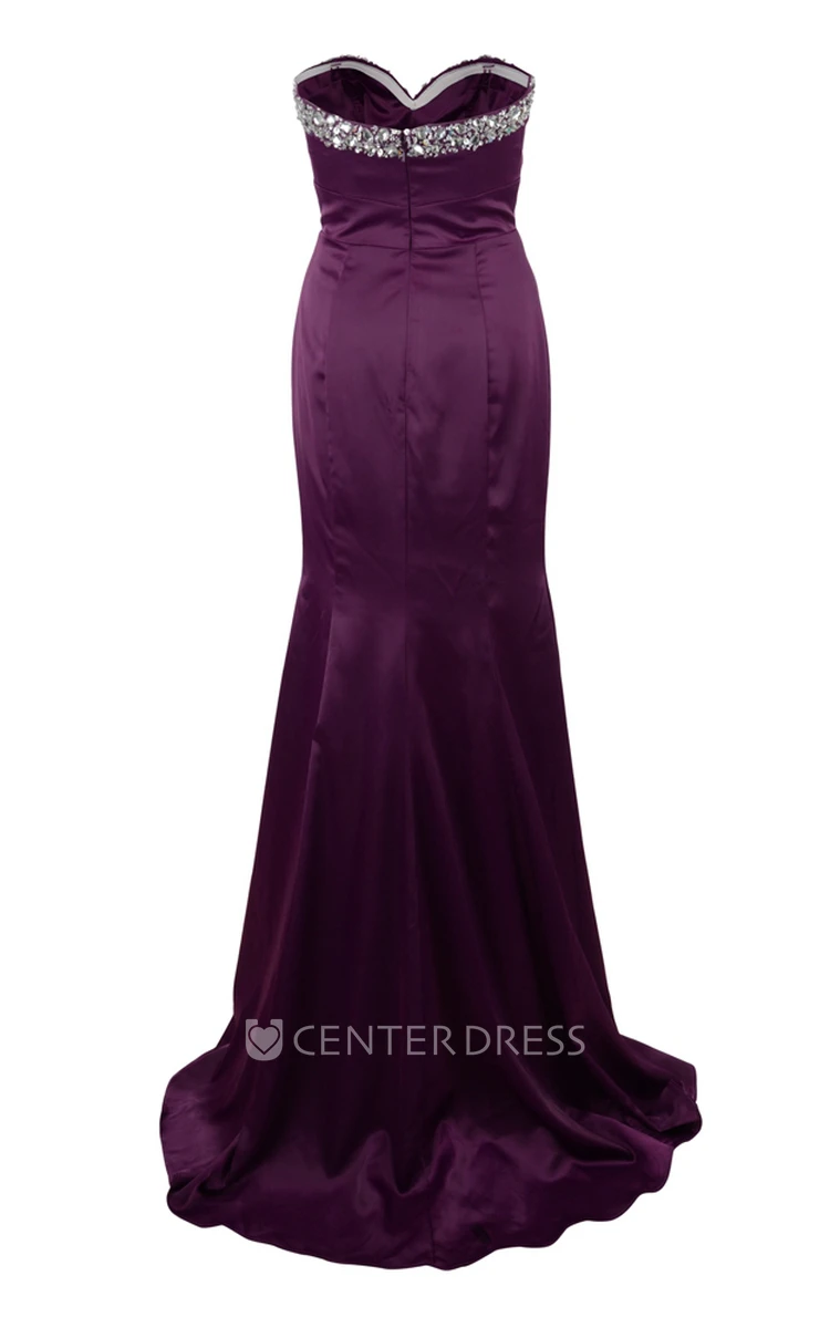 Sheath Sleeveless Beaded Sweetheart Floor-Length Satin Prom Dress