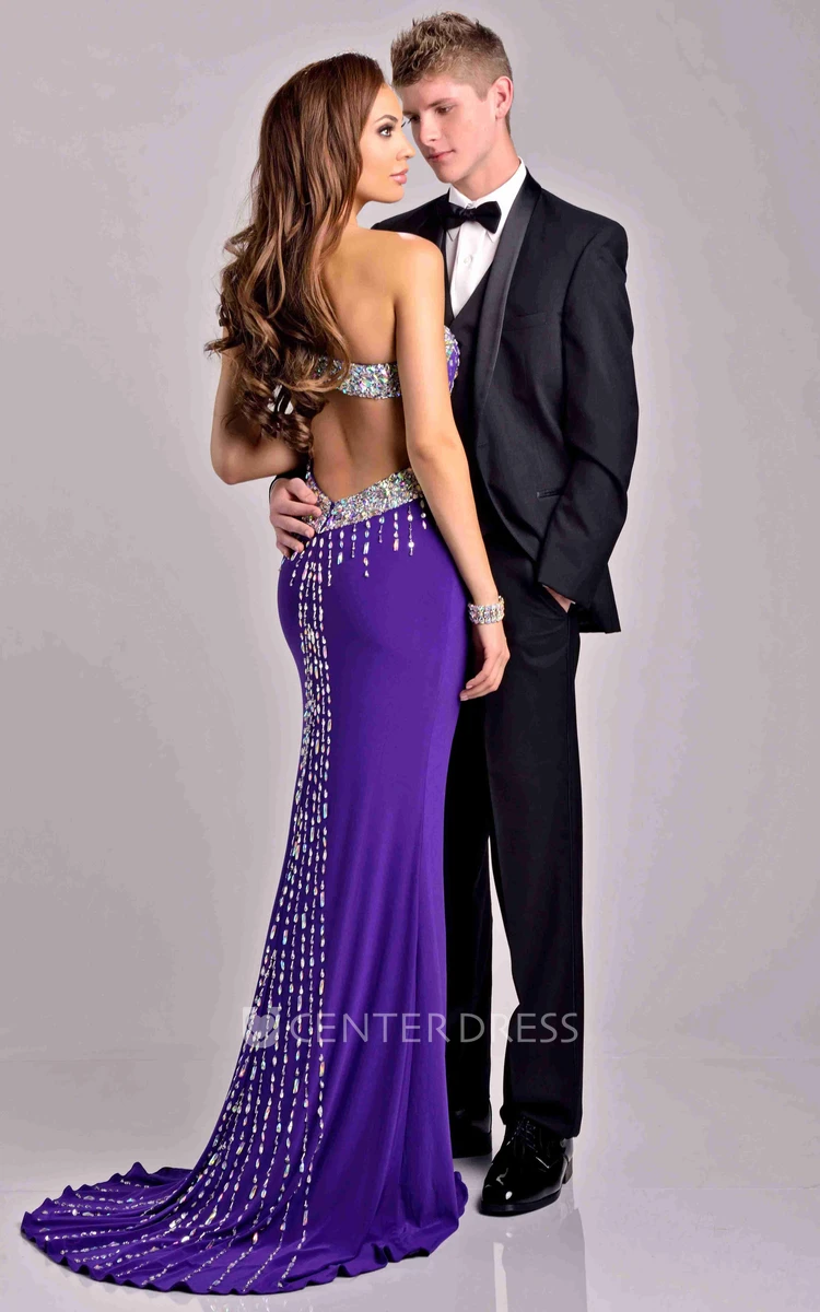 One-Shoulder Side Slit Jersey Sheath Prom Dress With Glittering Top