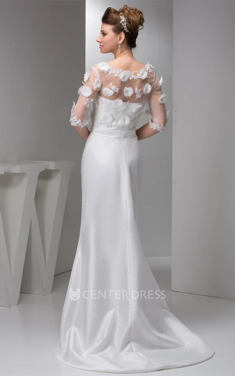 Floral Half-Sleeve Satin Mermaid Dress with Illusion Top