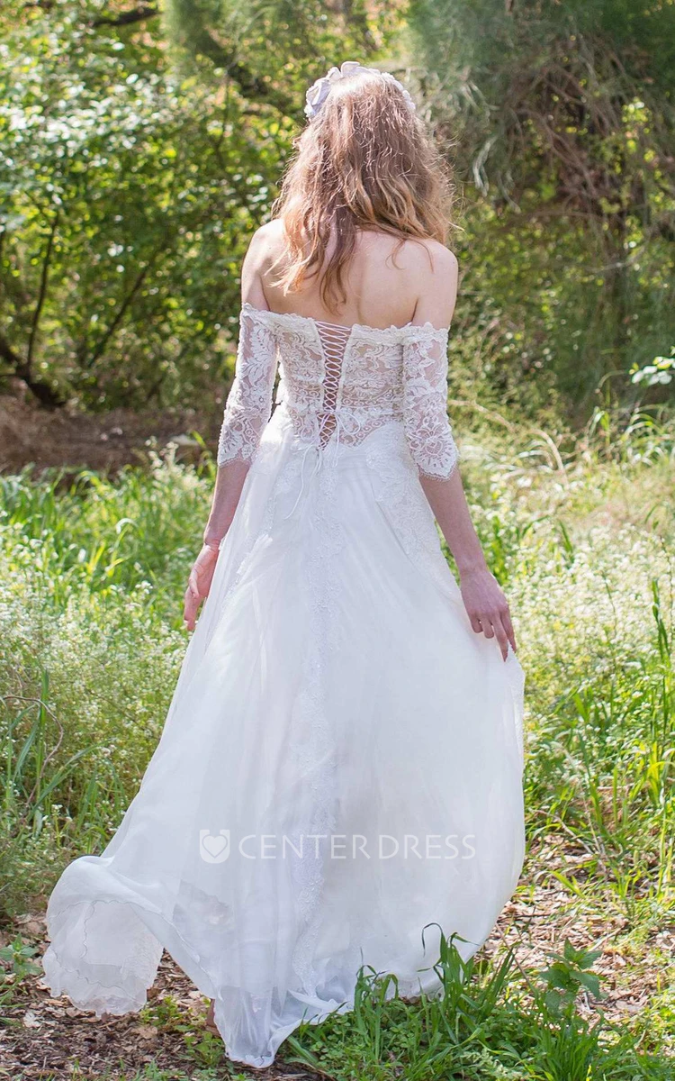 Off-the-shoulder Lace Chiffon Boho Wedding Dress With Corset Back