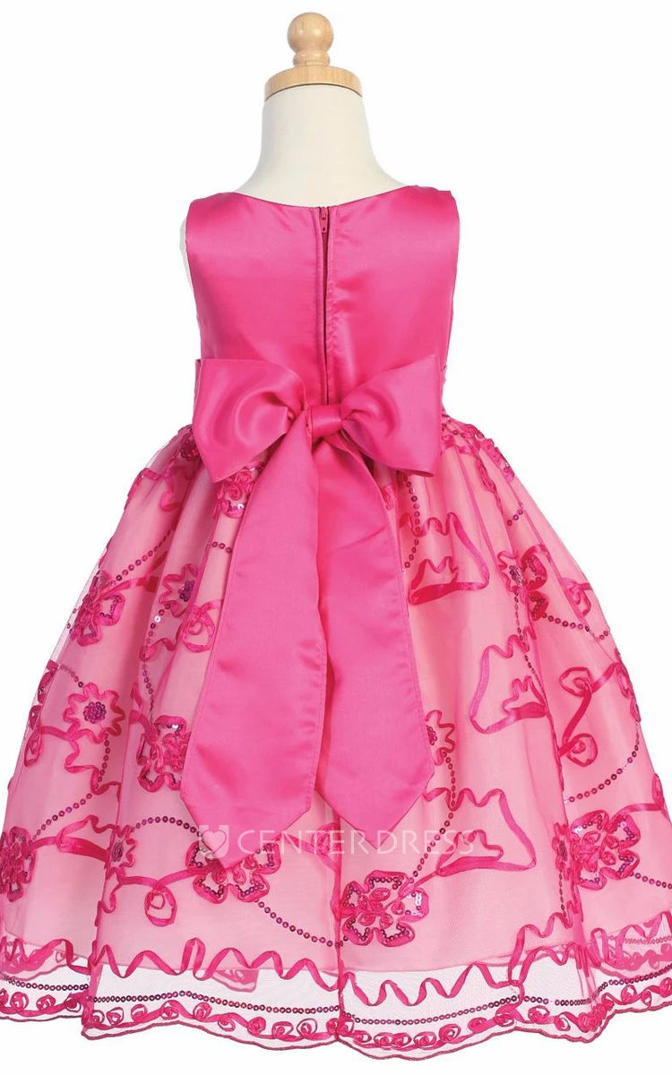 Tea-Length Sleeveless Bowed Tulle&Satin Flower Girl Dress