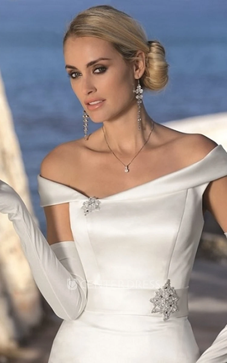 A-Line Off-The-Shoulder Satin Wedding Dress With Broach