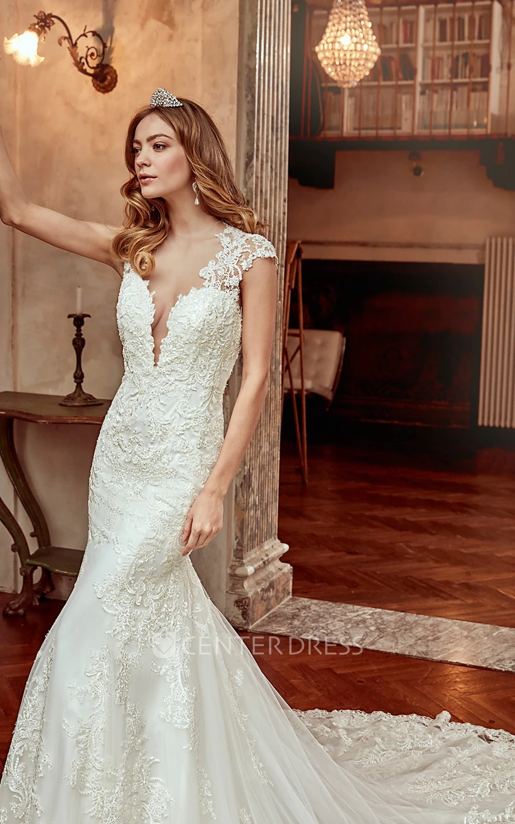 Cap-Sleeve Sheath Lace Wedding Dress With Brush Train and Open Back 