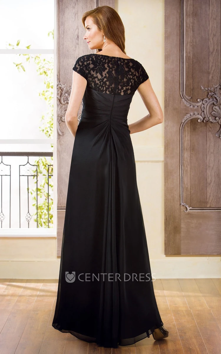 Cap-Sleeved Bateau-Neck Long Mother Of The Bride Dress With Lace Detail