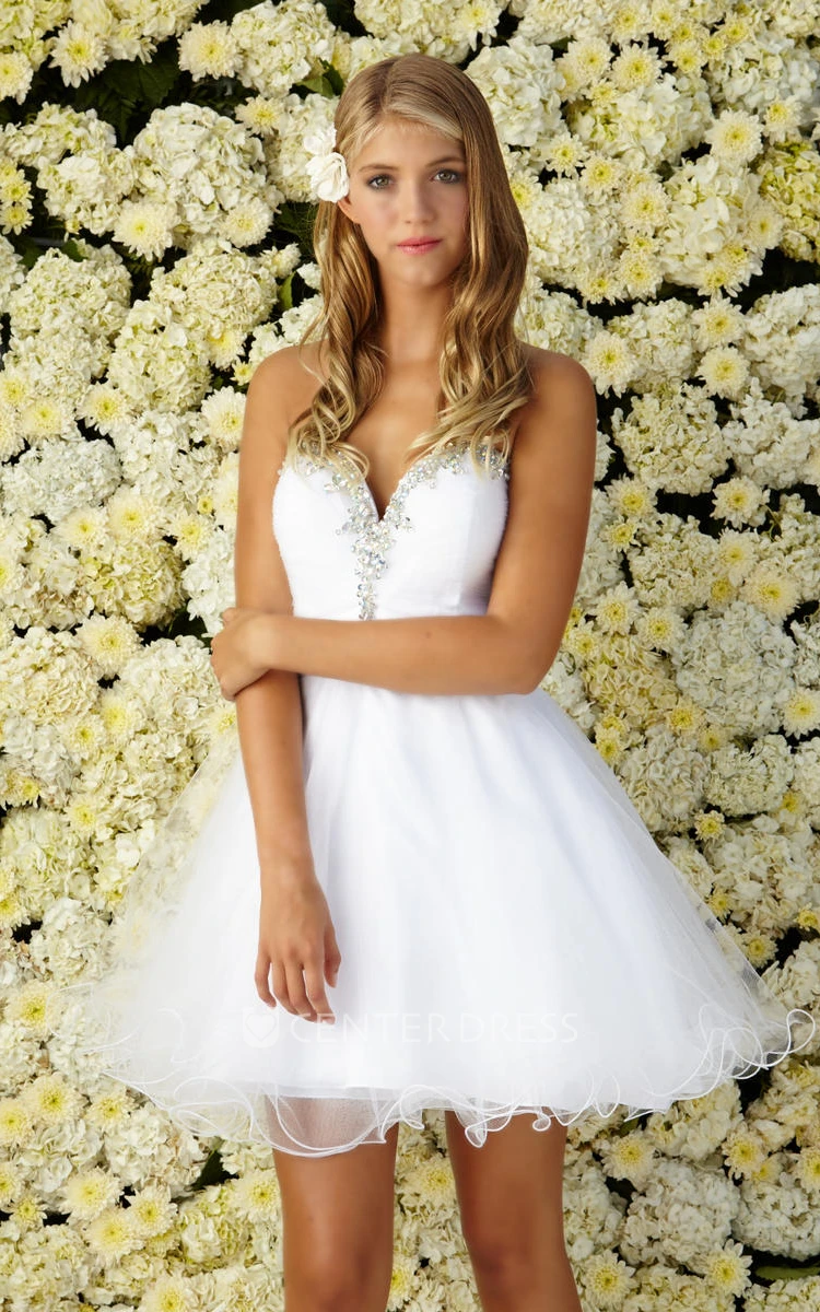 A-Line Short Sweetheart Sleeveless Tulle Dress With Beading And Ruching