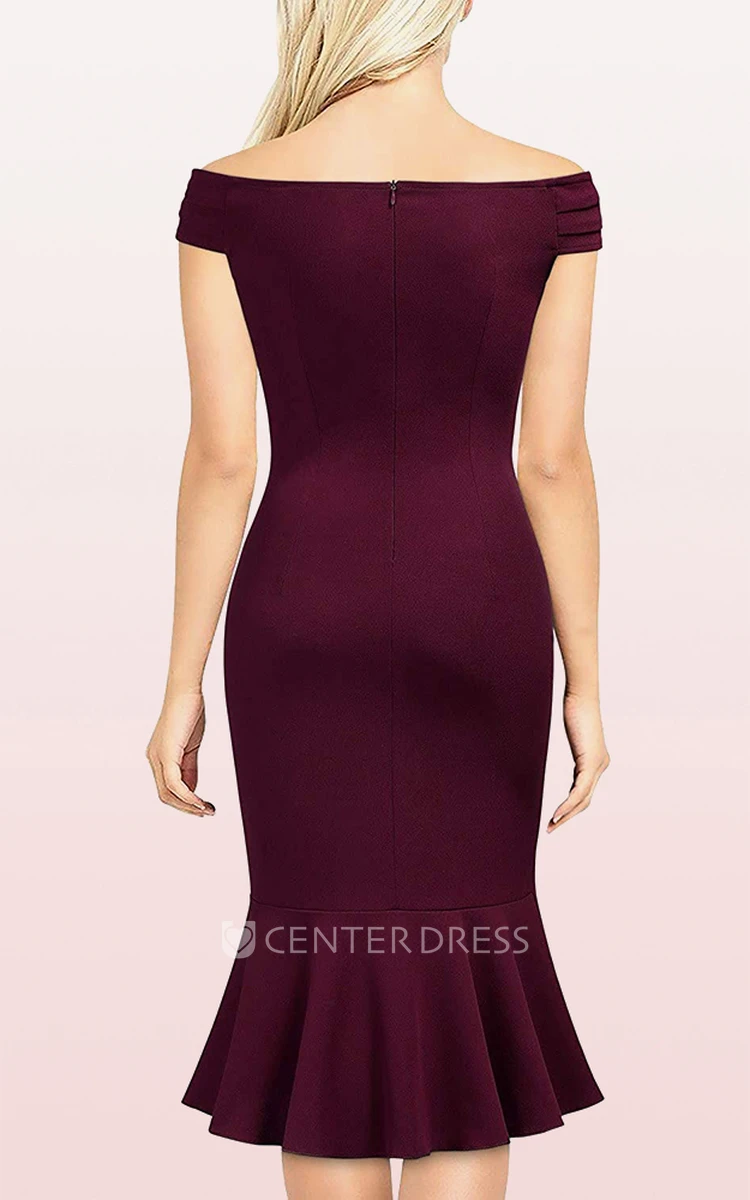 Elegant Satin Bodycon Off-the-shoulder Sleeveless Guest Dress With Ruffles