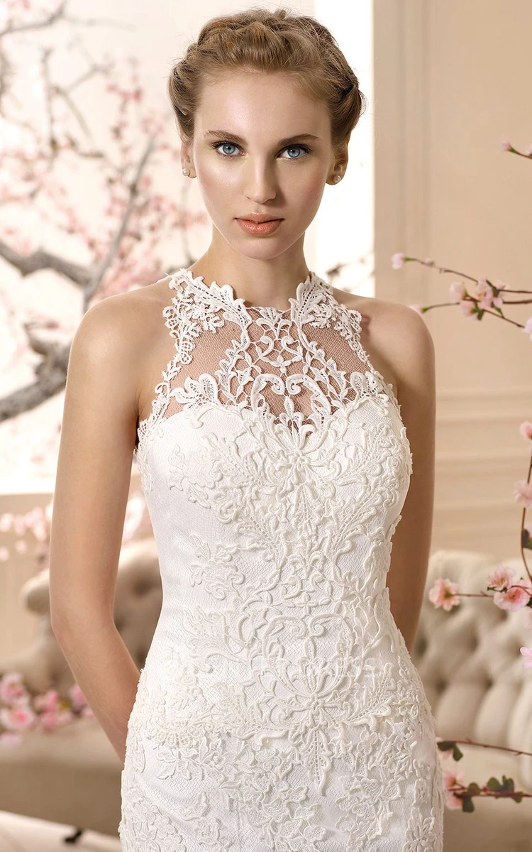Sheath Sleeveless High-Neck Floor-Length Appliqued Lace Wedding Dress