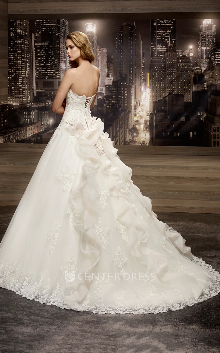 Strapless Appliques A-line Wedding Gown with Ruching Train and Lace-up Back