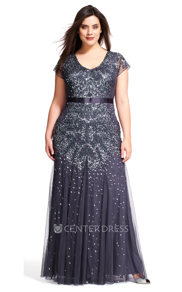 V-Neck Long Short-Sleeve Pleated Tulle&Sequins Plus Size Bridesmaid Dress