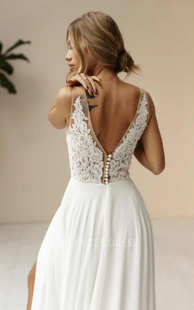 Lace Bohemian A-Line V-neck Garden Wedding Dress With Low-V Back And Split Front