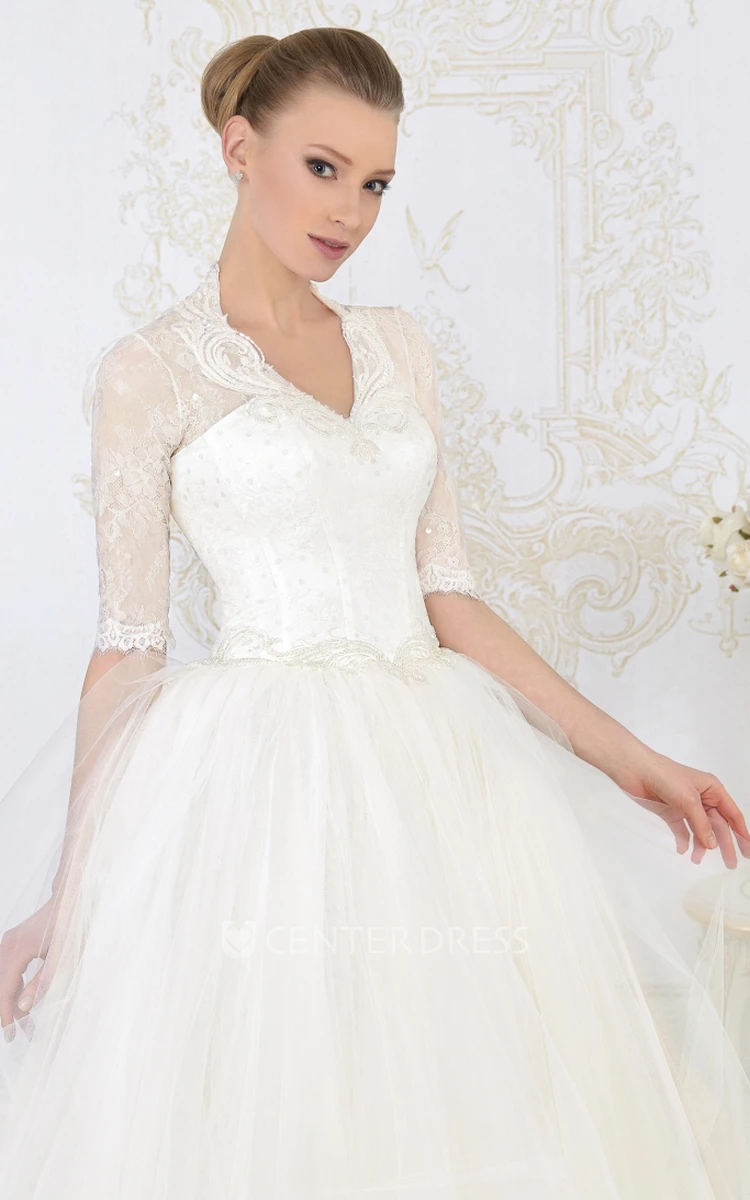 Ball Gown Long V-Neck Illusion-Sleeve Tulle Wedding Dress With Beading And Corset Back
