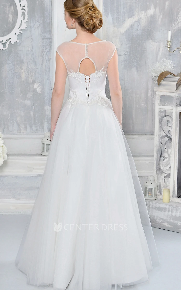 A-Line Appliqued Sleeveless Floor-Length Bateau-Neck Tulle Wedding Dress