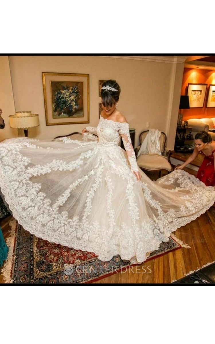 Ball Gown Off-the-shoulder Lace Tulle Zipper Wedding Gown