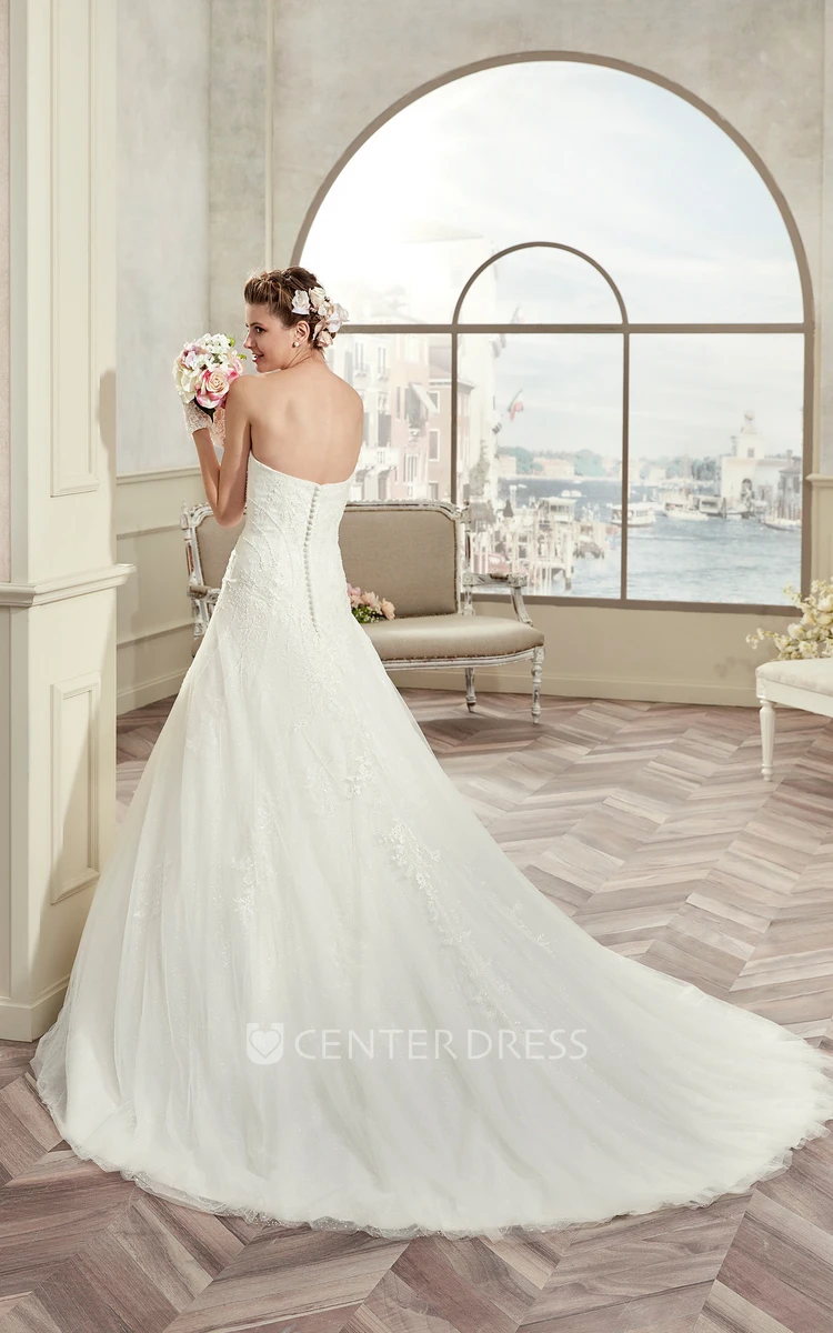 Simple Sweetheart A-Line Lace Bridal Gown With Open Back Brush Train