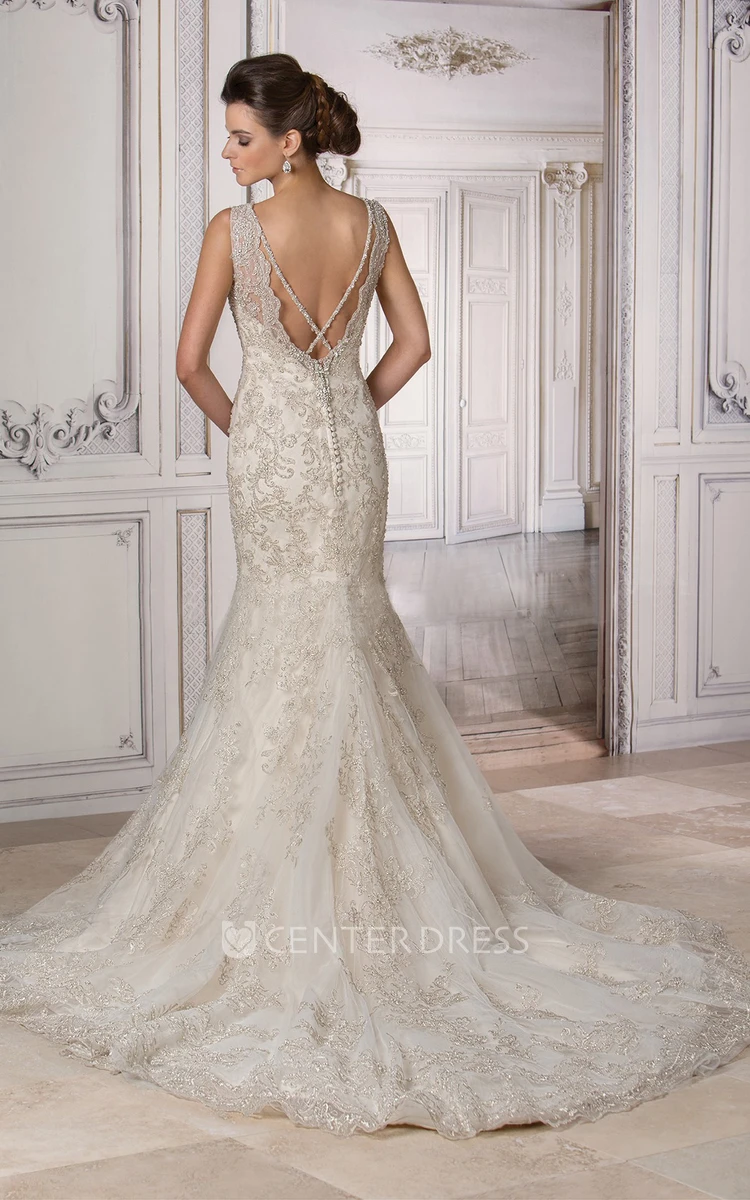 Sleeveless V-Neck Mermaid Wedding Dress With Crystals And Deep V-Back