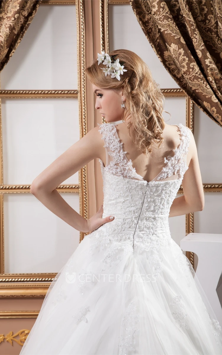 Sleeveless Floral Applique Tulle Ball Gown with Button Back