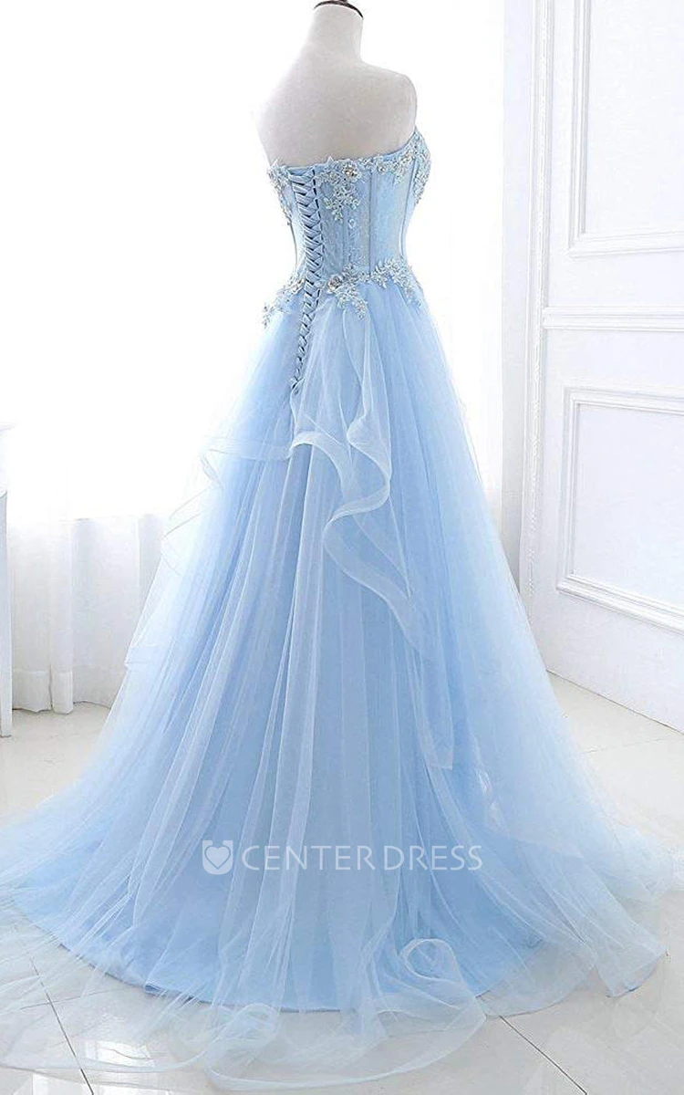 A Line Sleeveless Lace Tulle Adorable Corset Back Formal Dress with Appliques