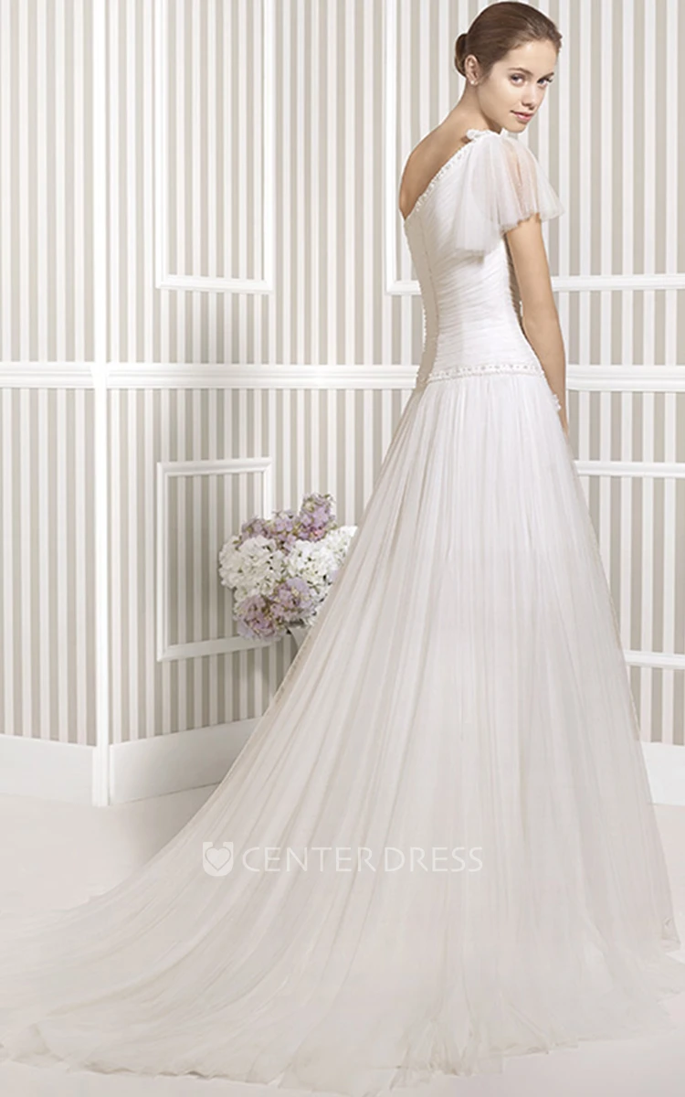Maxi One-Shoulder Poet-Sleeve Ruched Tulle Wedding Dress With Court Train