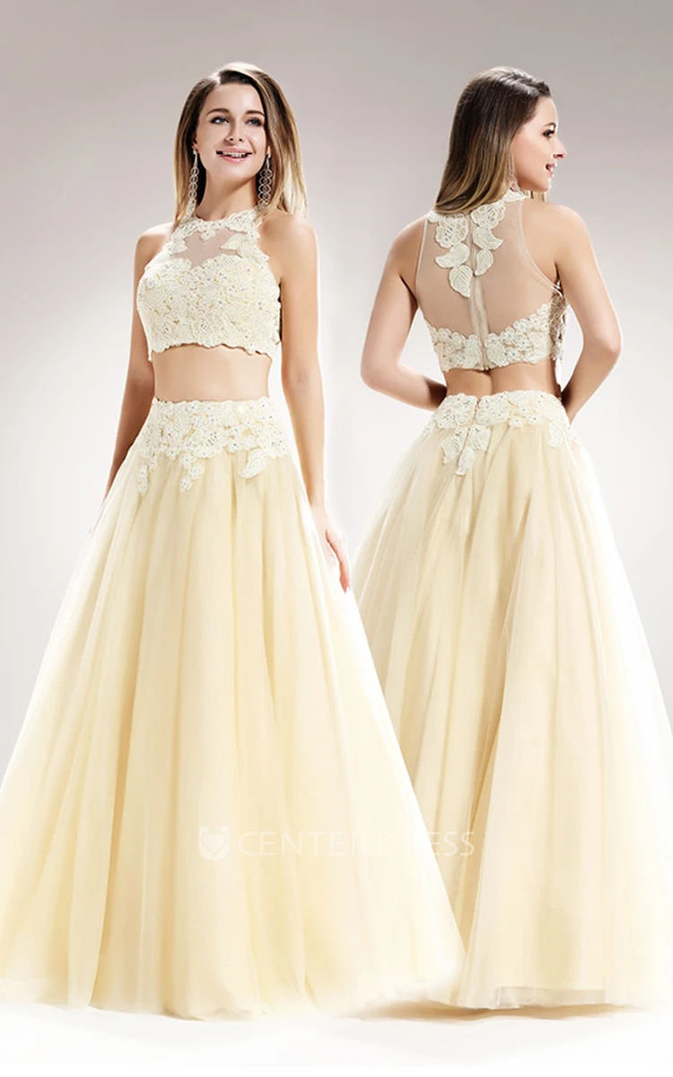 Two-Piece A-Line Long High Neck Sleeveless Tulle Illusion Dress With Appliques And Pleats