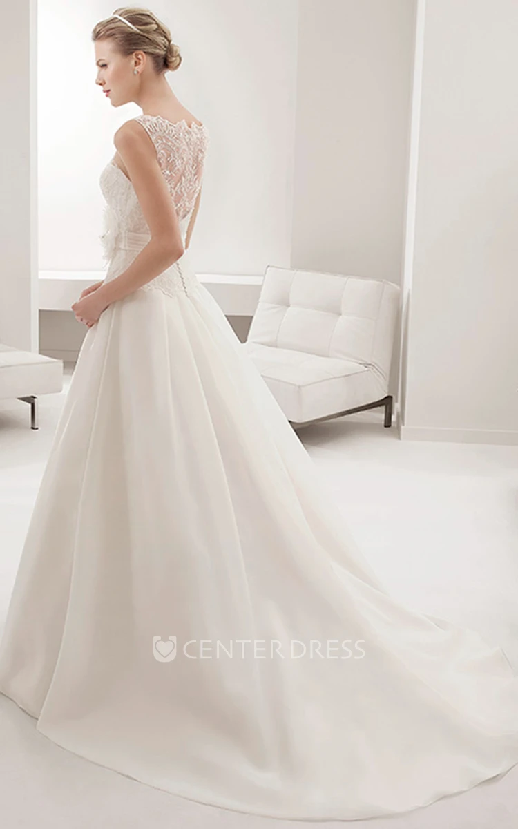 Sleeveless Illusion Neck A-line Wedding Gown With Waist Flower