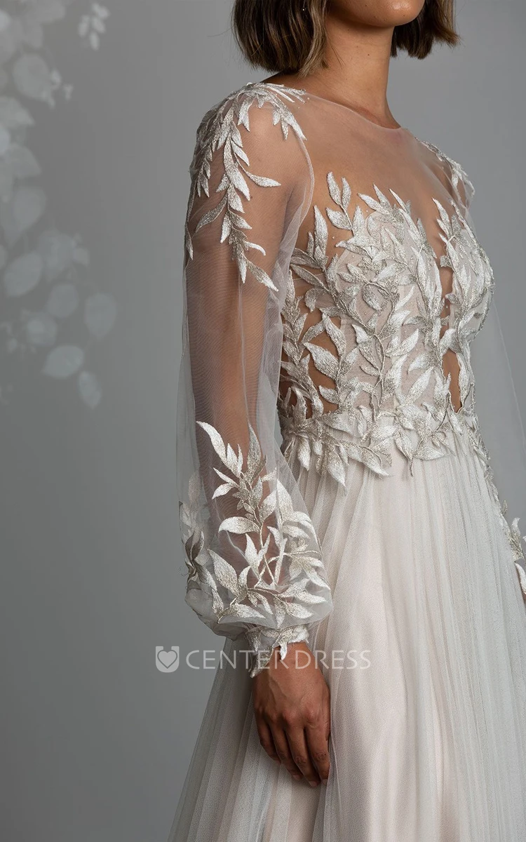 A-Line Tulle Beach Wedding Dress with V-neck Appliques Flowy Beach Wedding Dress with V-neck Appliques