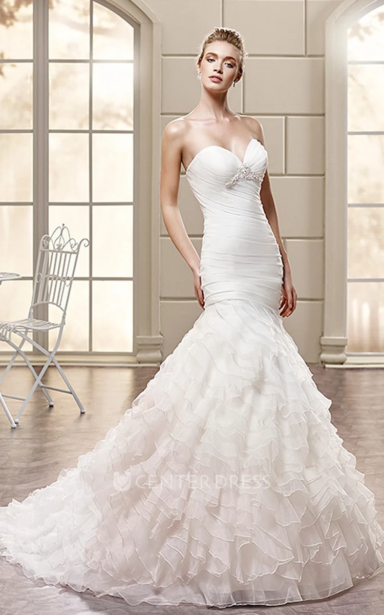 Mermaid Tiered Sweetheart Organza Wedding Dress With Ruching And Beading