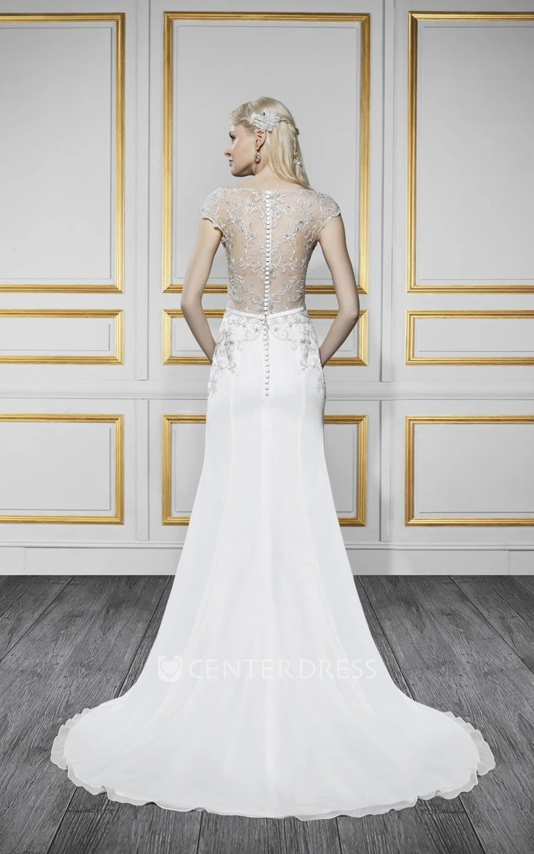 Sheath Sleeveless Jewel-Neck Embroidered Long Satin&Tulle Wedding Dress With Beading And Illusion
