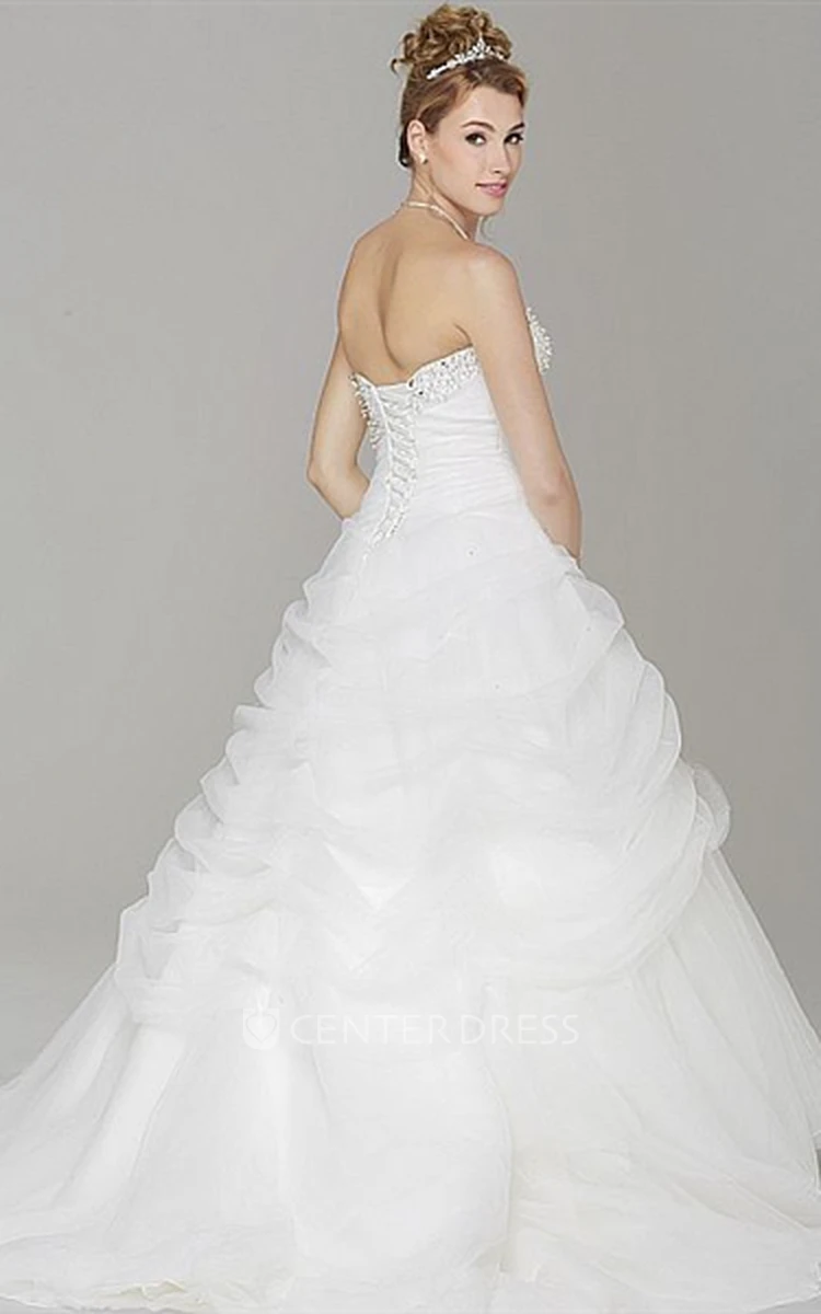 Ball Gown Maxi Pick-Up Strapless Sleeveless Tulle Wedding Dress With Beading