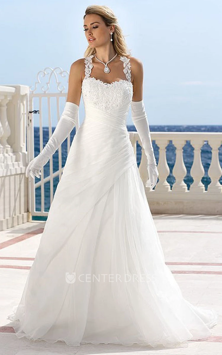 Halter Maxi Appliqued Tulle Wedding Dress With Draping And Keyhole