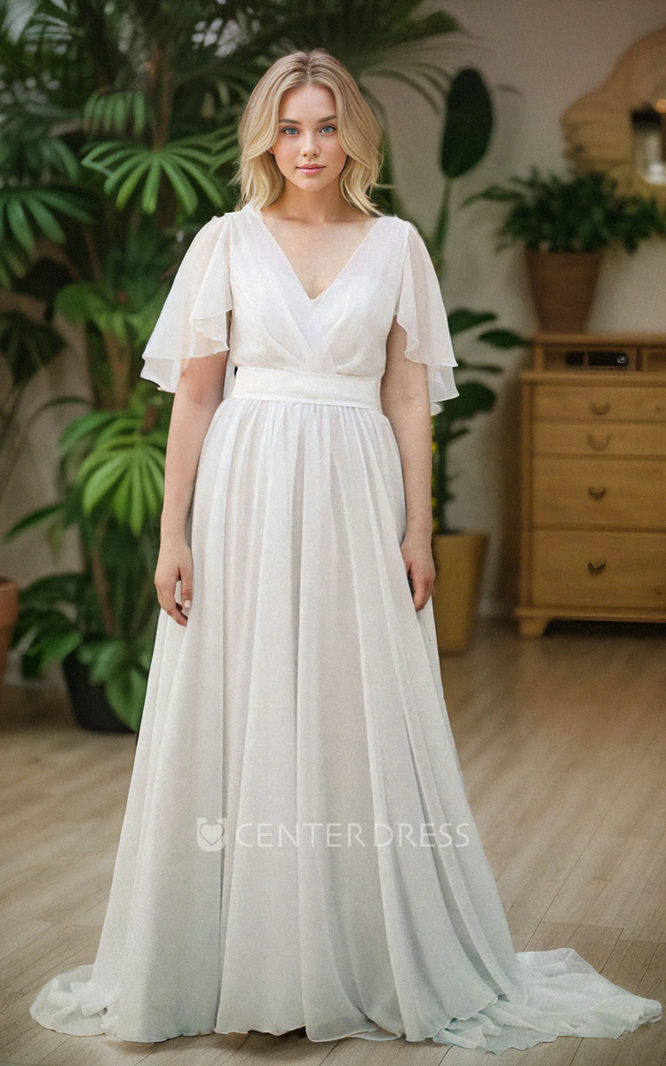 Vintage Elegant Chiffon Floor-length A-Line V-neck Wedding Dress Simple Solid Half Sleeve Backless Zipper Bridal Gown