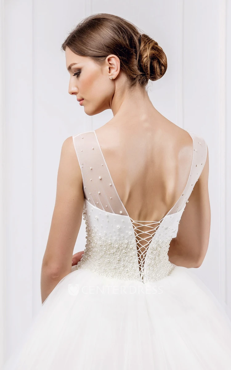 Ball-Gown Long Sleeveless Bateau Crystal Tulle Wedding Dress With Corset Back And Court Train