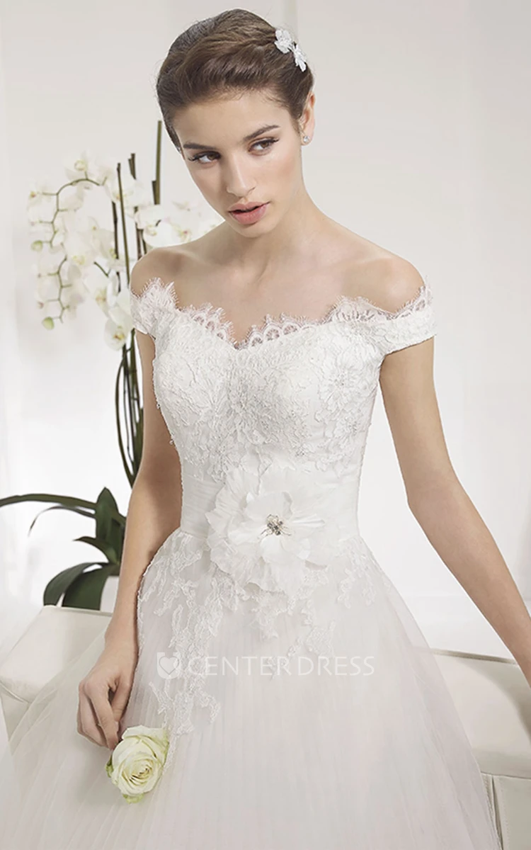 Scalloped Off Shoulder A-line Tulle Gown With Lace Top And Flower
