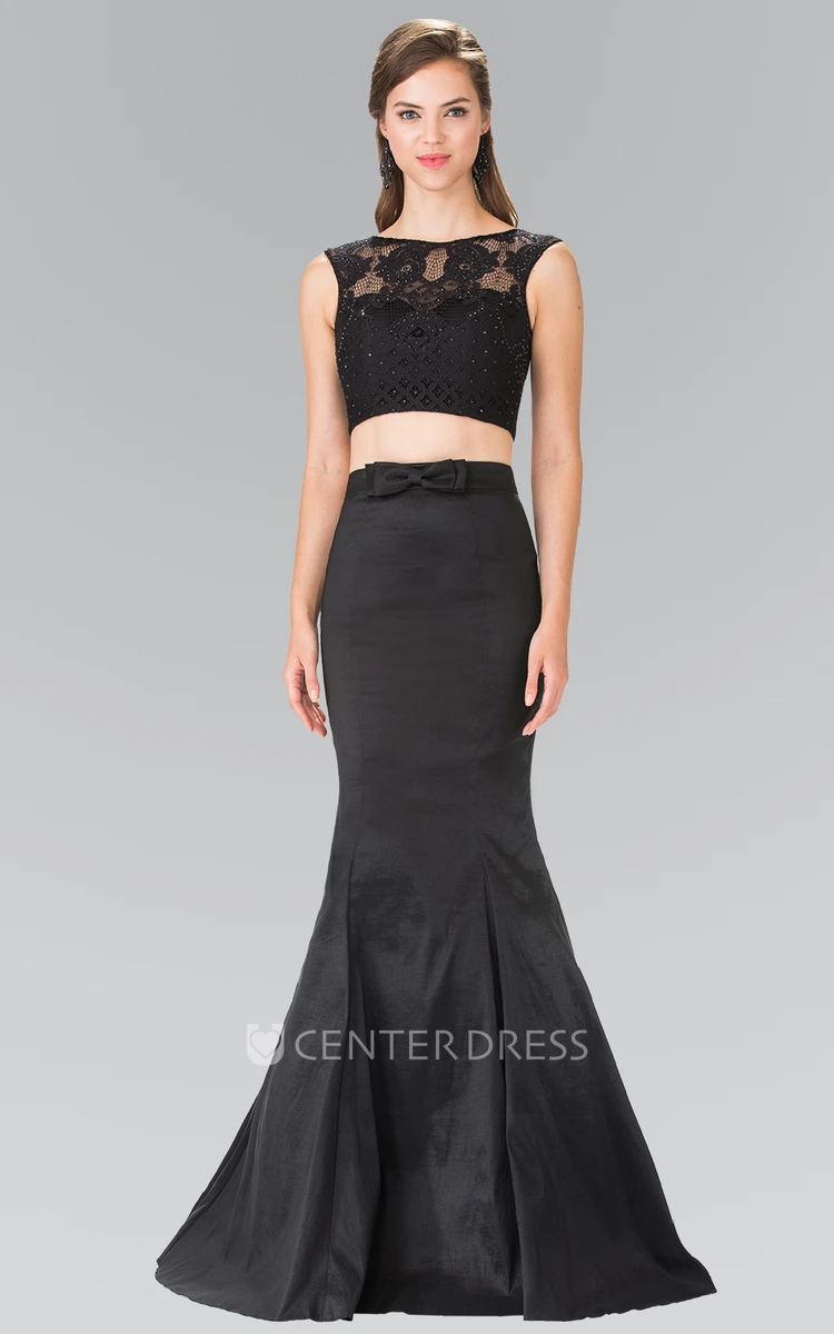 Two-Piece Trumpet Floor-Length Jewel-Neck Sleeveless Satin Dress With Lace And Bow