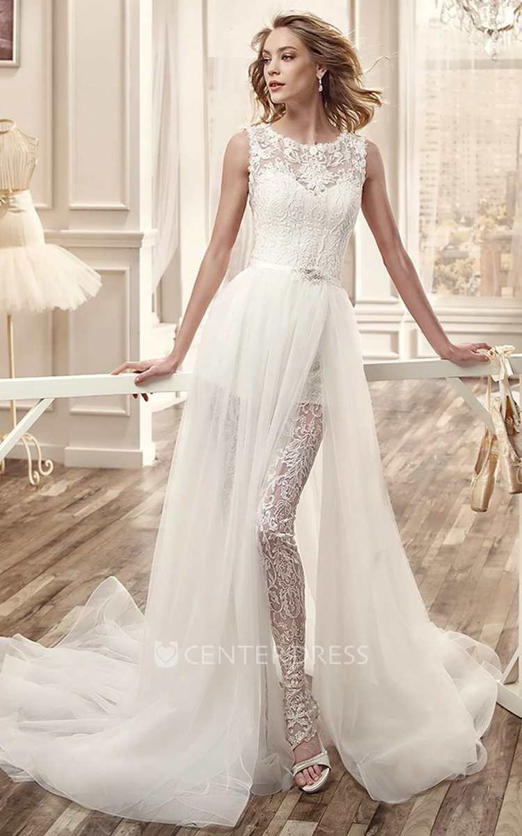Jewel-Neck Side-Split Wedding Dress With Tulle Overlayer And Lace Bodice