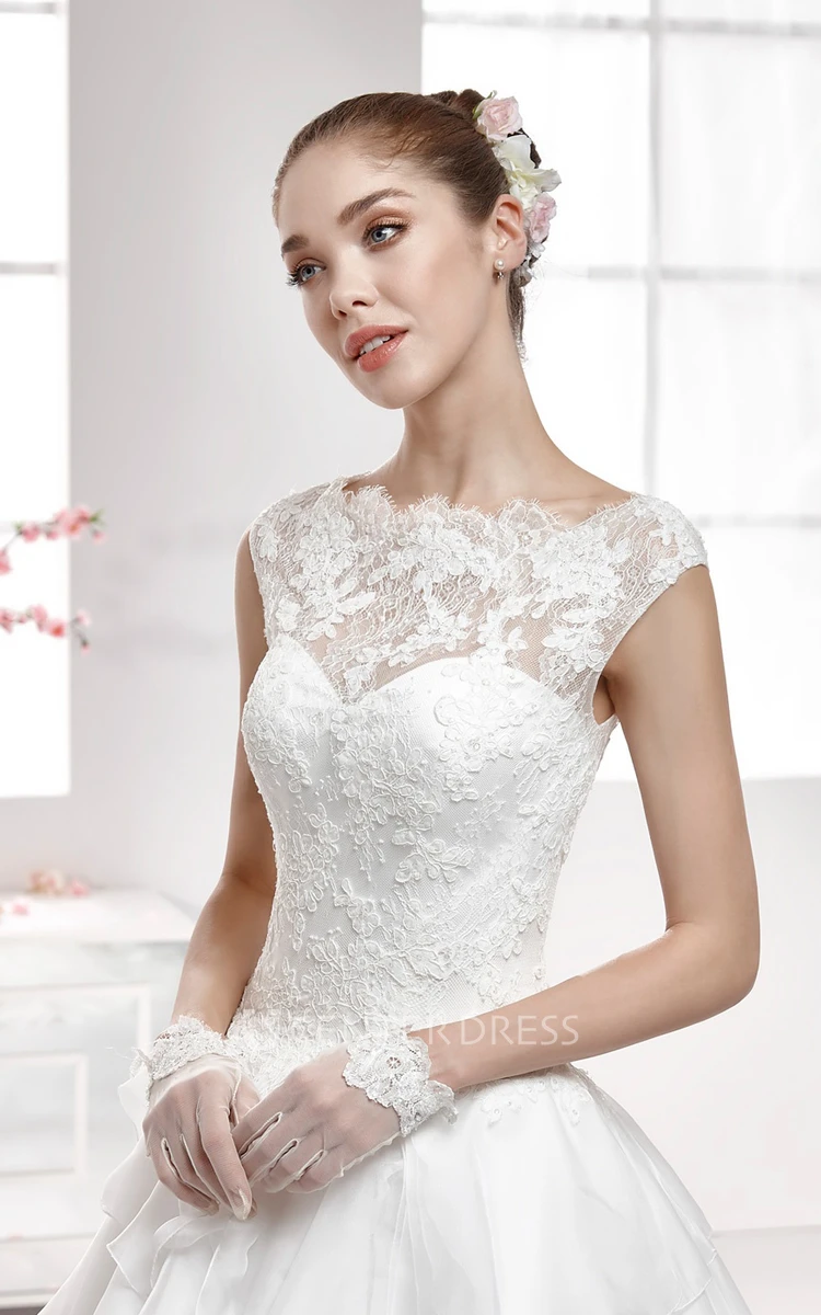 Cap-Sleeve A-Line Gown With Tier Skirt And Scalloped Edge Neckline