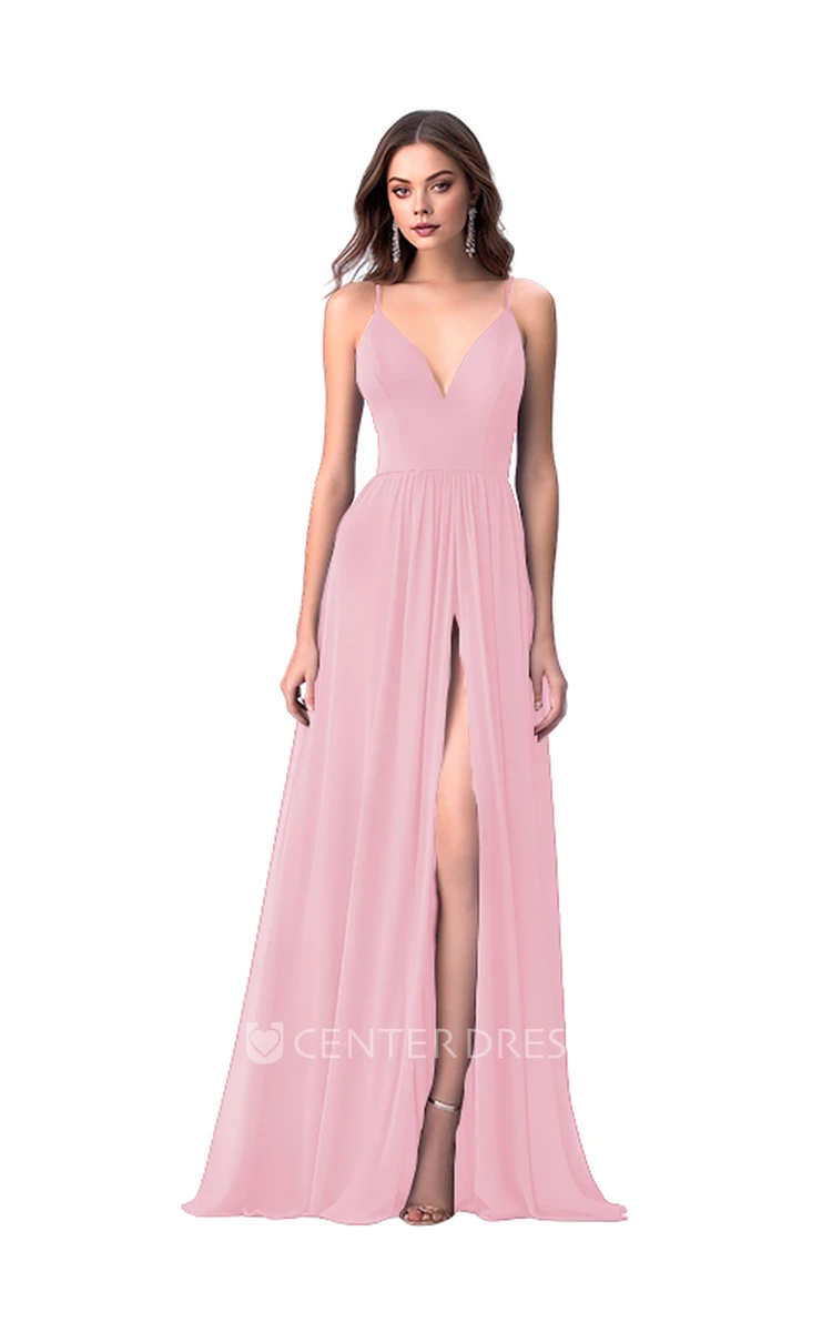 Romantic Chiffon A-Line Spaghetti V-neck Bridesmaid Dress with Front Split Classy Wedding Dress