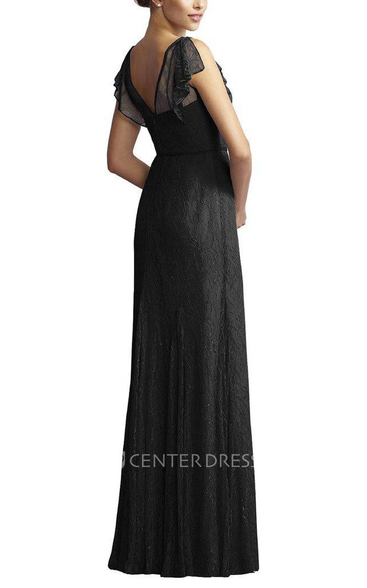 Cap Sleeve Sheath Lace Floor-length Bridesmaid Dress with Sash