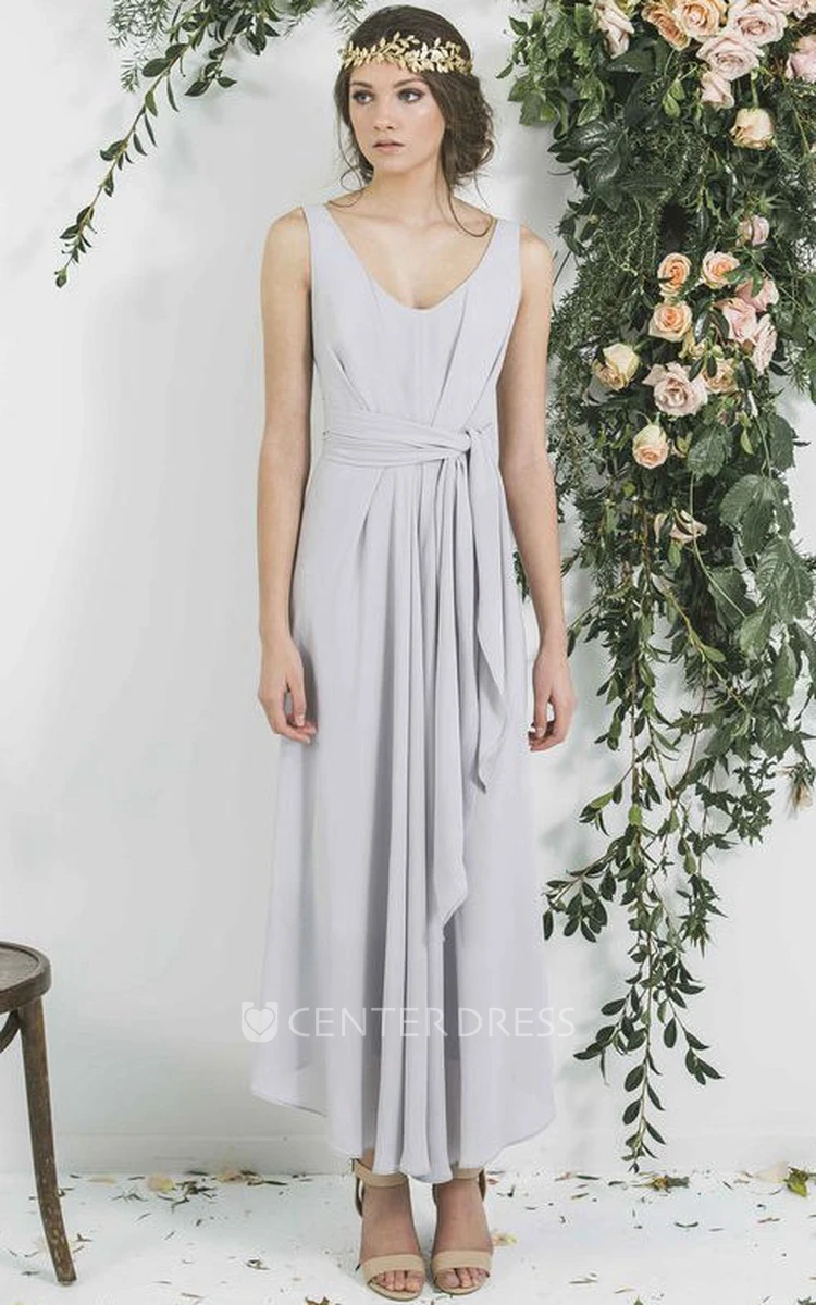 Ankle-Length Sleeveless Draped V-Neck Chiffon Bridesmaid Dress