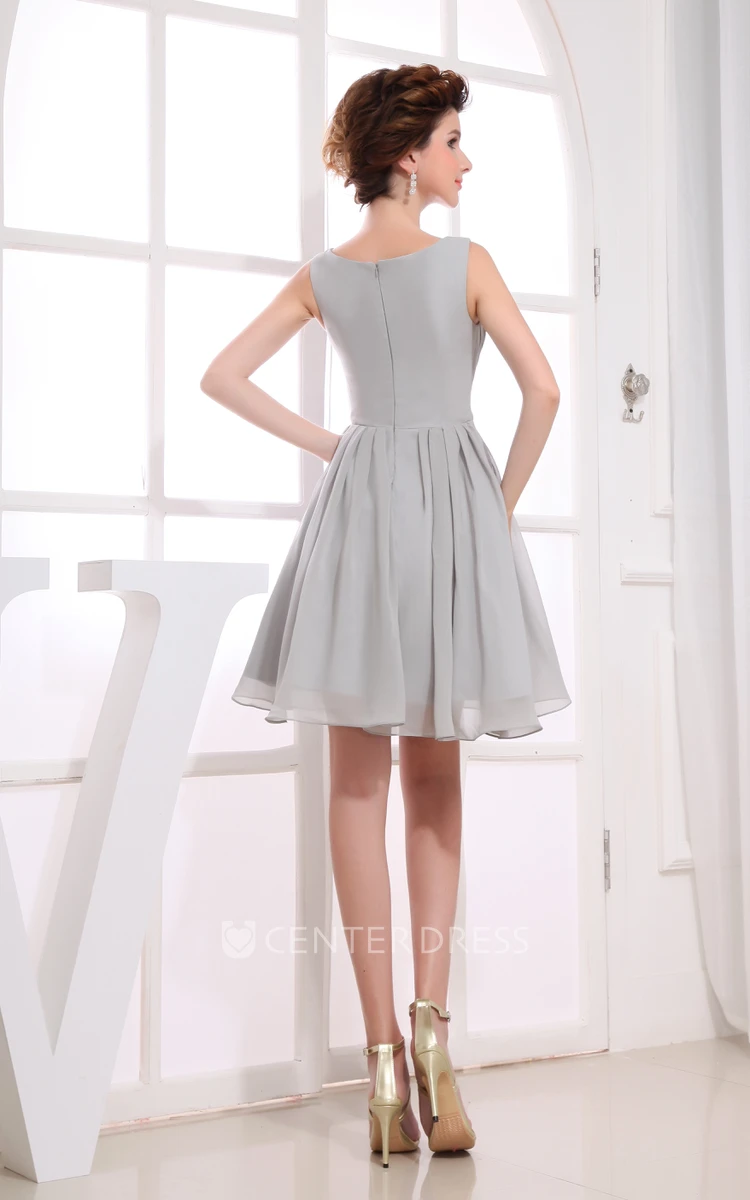 Ethereal Bateau-Neck Sleeveless Chiffon Short Dress With Pleats